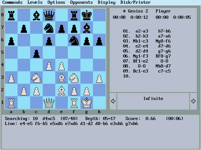 &Eacute;cran de Chess Genius 2 en cours de r&eacute;flexion sur un Pentium 90 &eacute;mul&eacute;