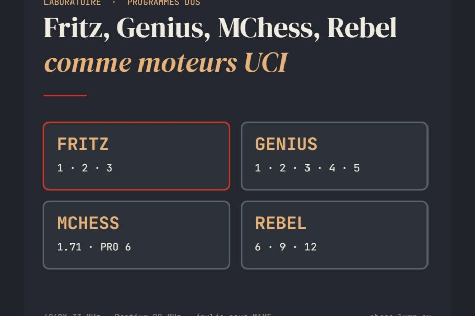 Fritz 1-3, Genius 1-5, MChess 1.71 et Pro 6, Rebel 6, 9 et 12